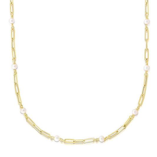 14k Yellow Gold Paperclip Chain and Pearl Necklace RCJ