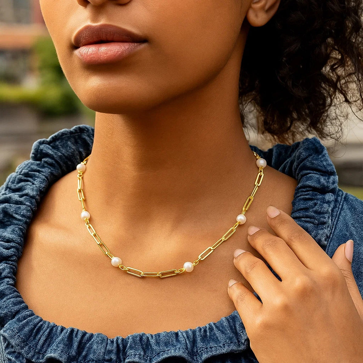 14k Yellow Gold Paperclip Chain and Pearl Necklace RCJ