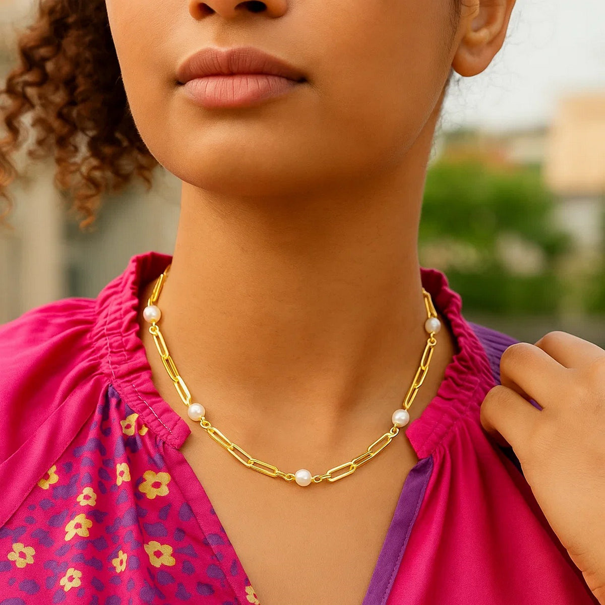14k Yellow Gold Paperclip Chain and Pearl Necklace RCJ