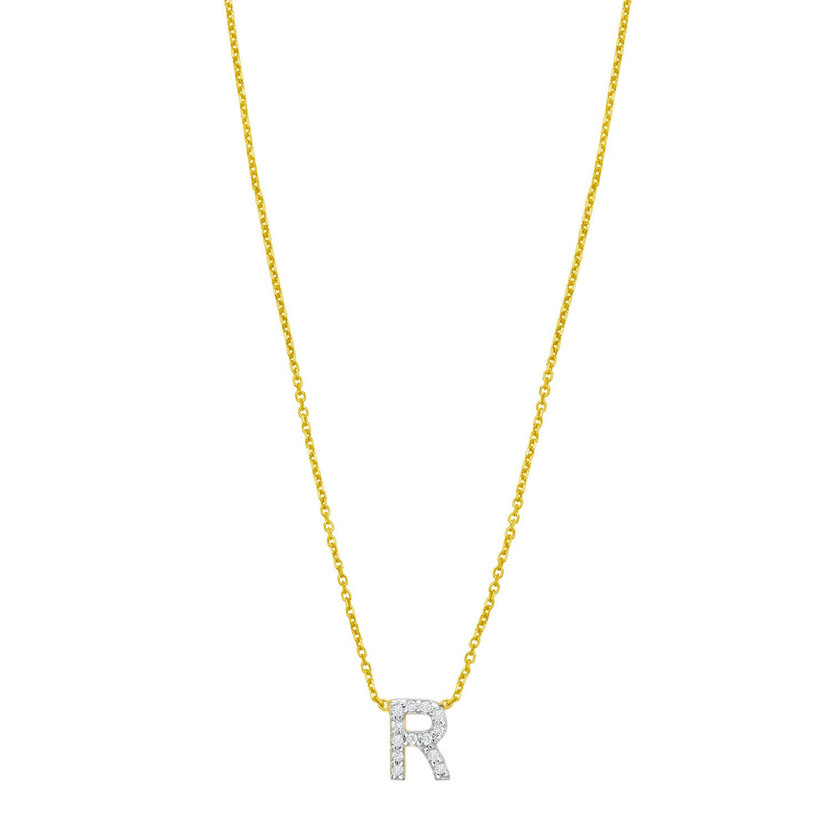 14K Yellow Gold Mini Diamond R Initial Pendant Necklace Alba Luxe