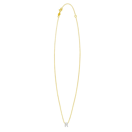 14K Yellow Gold Mini Diamond R Initial Pendant Necklace Alba Luxe