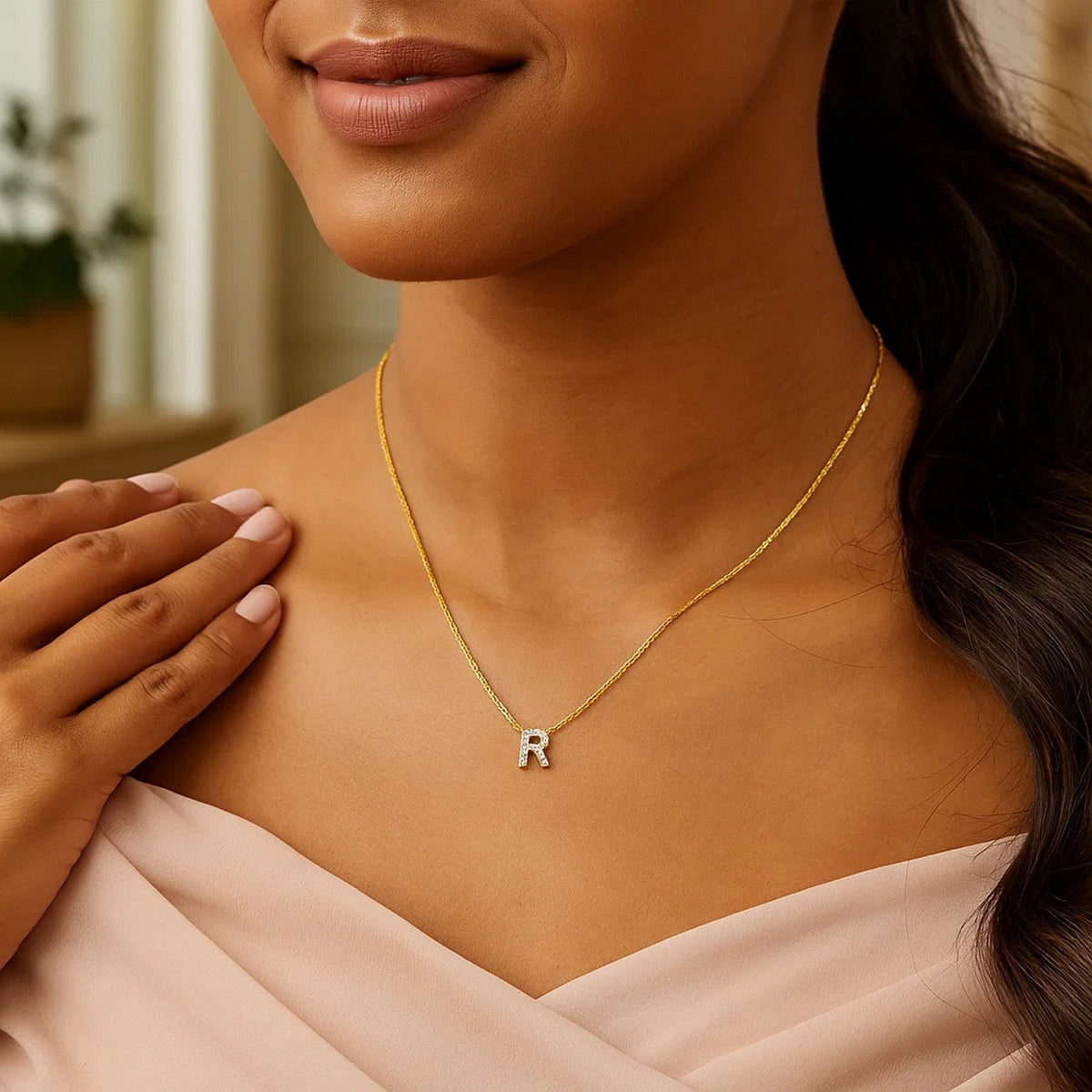 14K Yellow Gold Mini Diamond R Initial Pendant Necklace Alba Luxe