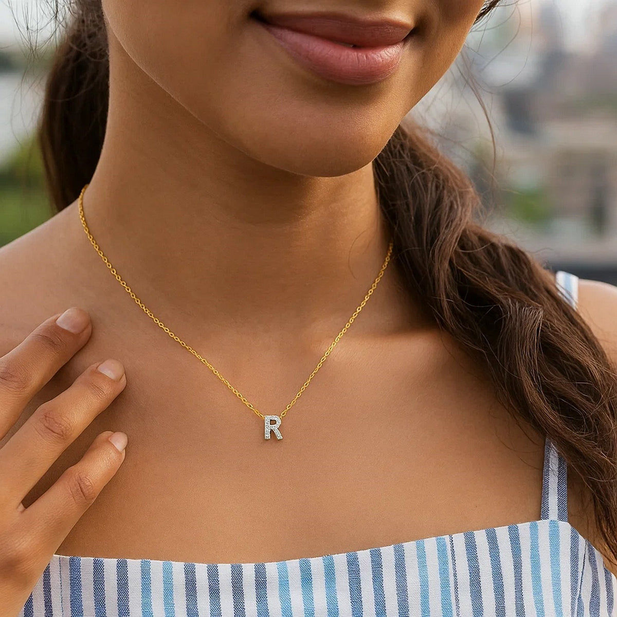 14K Yellow Gold Mini Diamond R Initial Pendant Necklace Alba Luxe