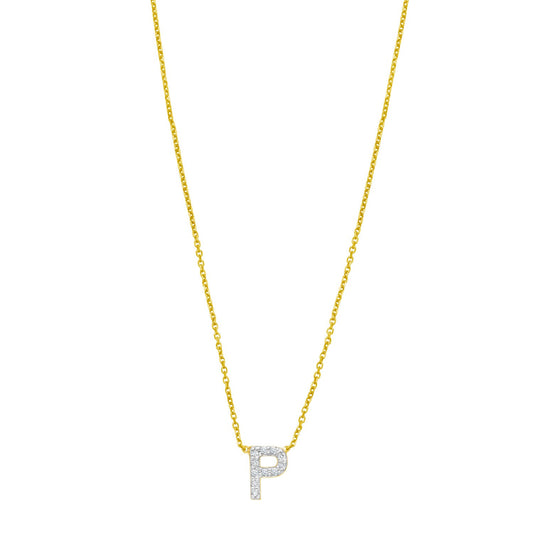 14K Yellow Gold Mini Diamond P Initial Pendant Necklace Alba Luxe