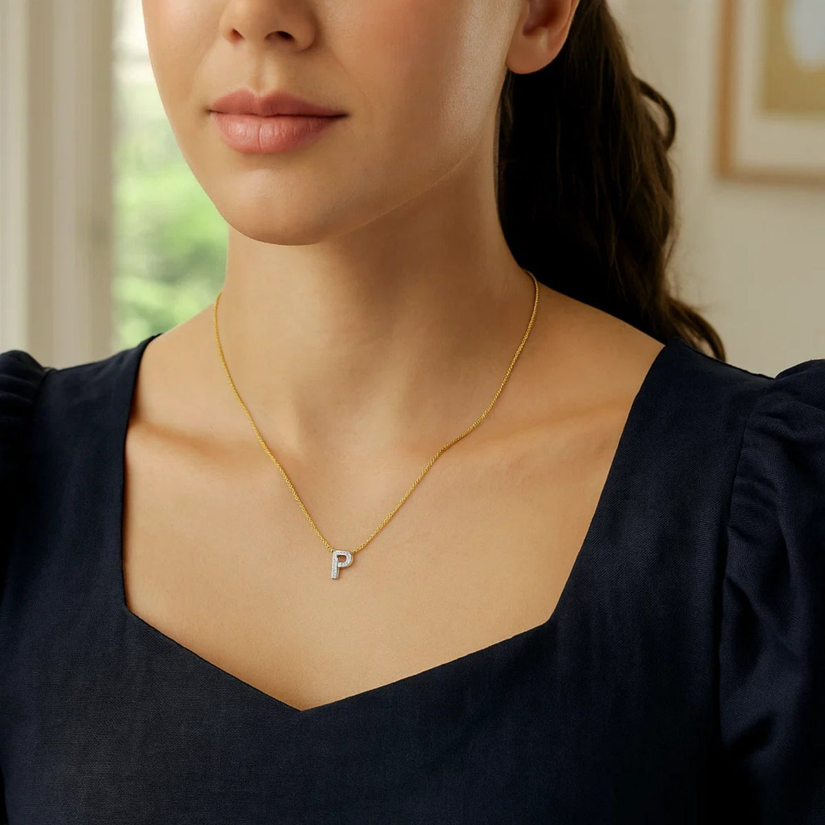 14K Yellow Gold Mini Diamond P Initial Pendant Necklace Alba Luxe