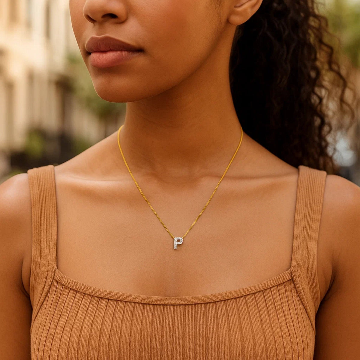 14K Yellow Gold Mini Diamond P Initial Pendant Necklace Alba Luxe