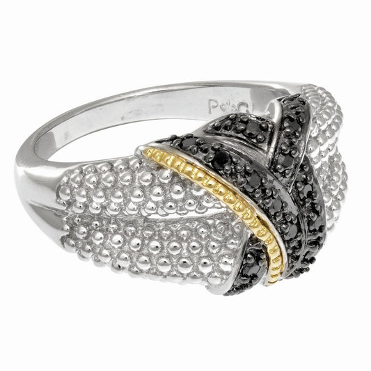 18k Yellow Gold & Sterling Silver Entwined Popcorn Ring with Black Diamonds Alba Luxe