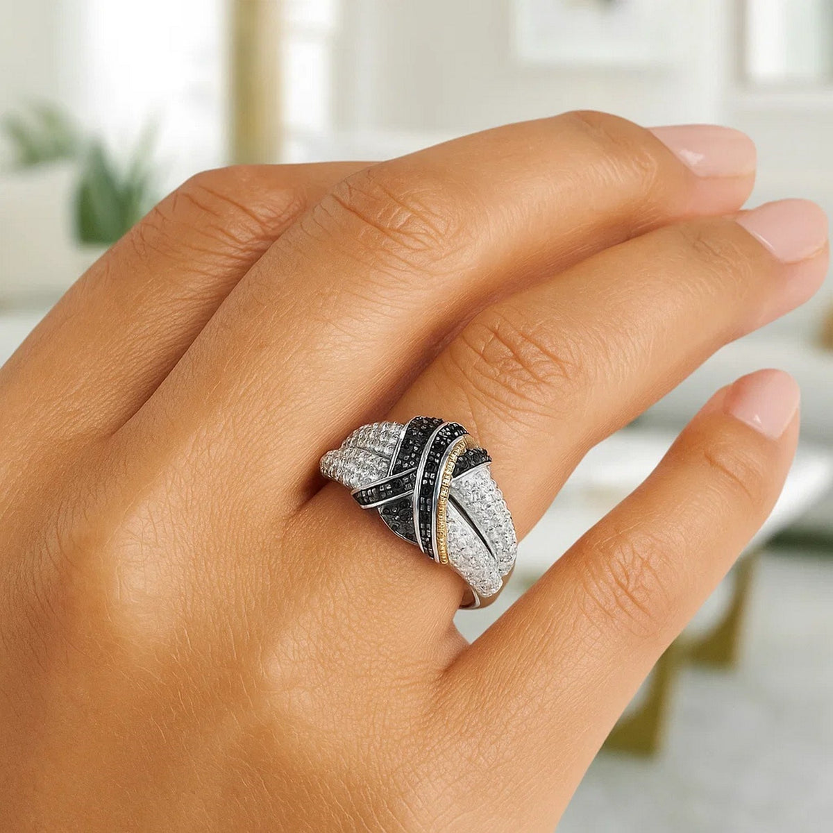 18k Yellow Gold & Sterling Silver Entwined Popcorn Ring with Black Diamonds Alba Luxe