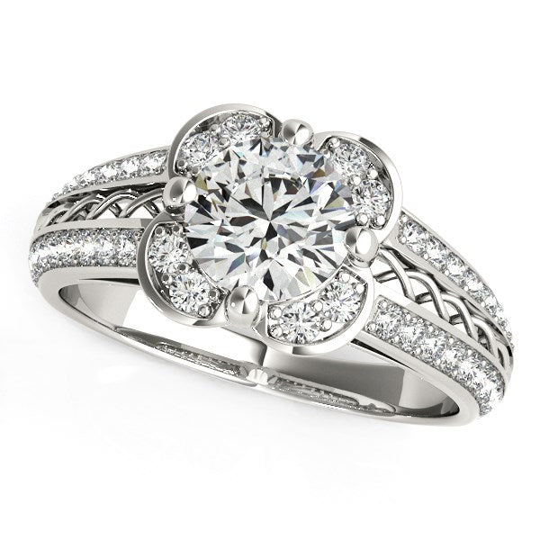 Round Diamond Floral Motif Engagement Ring in 14k White Gold (1 3/8 cttw) Alba Luxe