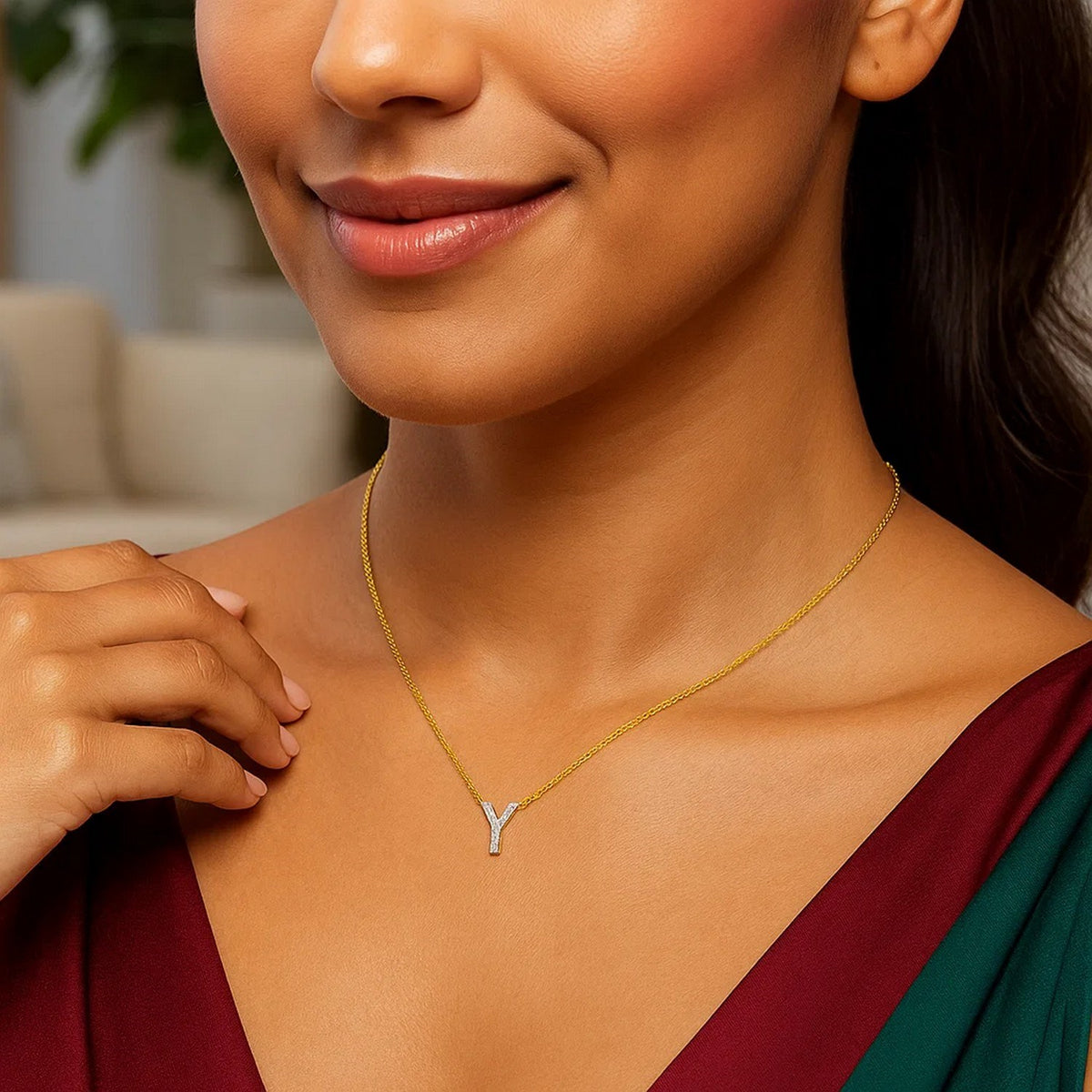 14K Yellow Gold Mini Diamond Y Initial Pendant Necklace Alba Luxe