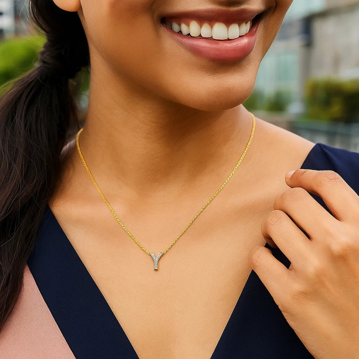 14K Yellow Gold Mini Diamond Y Initial Pendant Necklace Alba Luxe