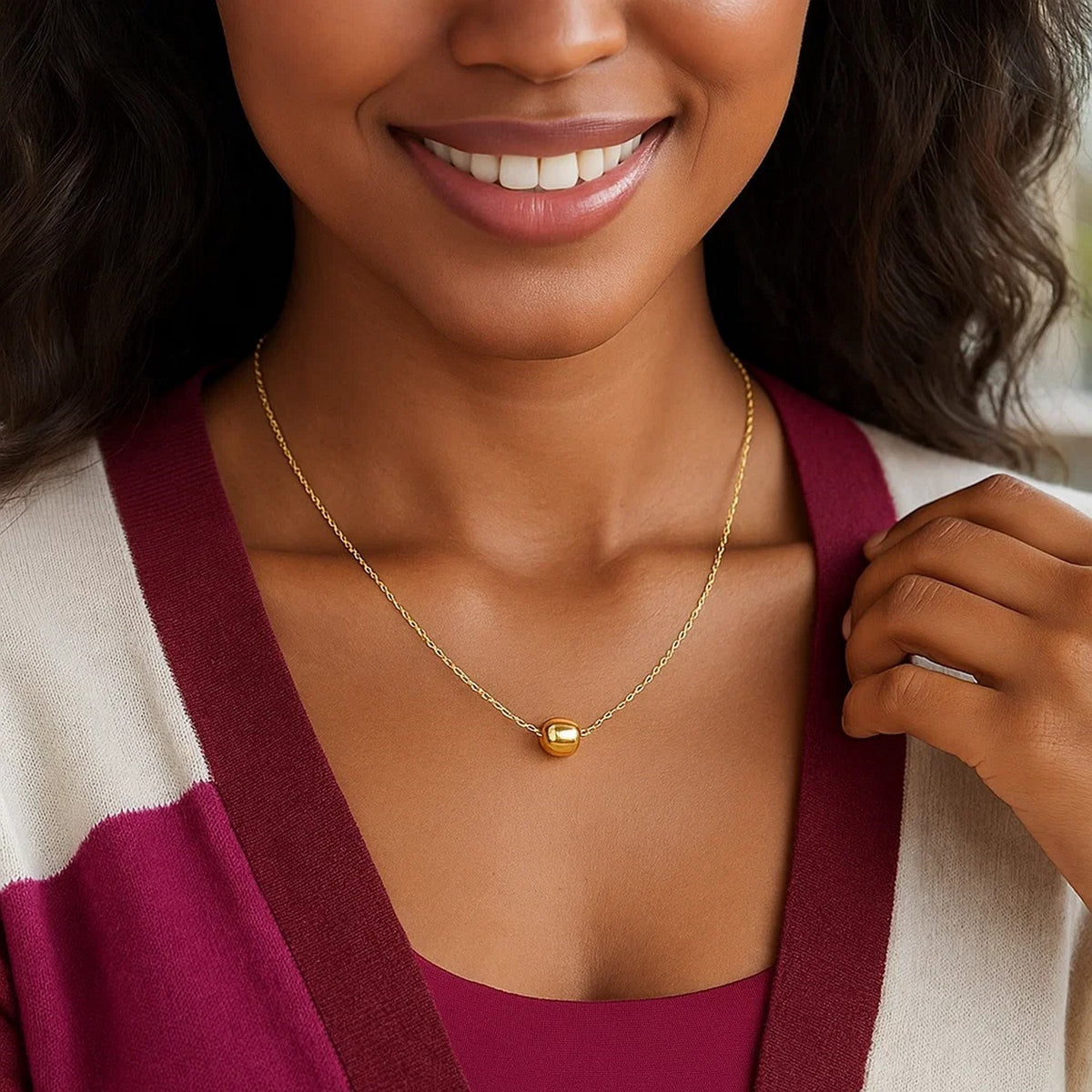14k Yellow Gold Necklace with Shiny Barrel Bead Charm Alba Luxe