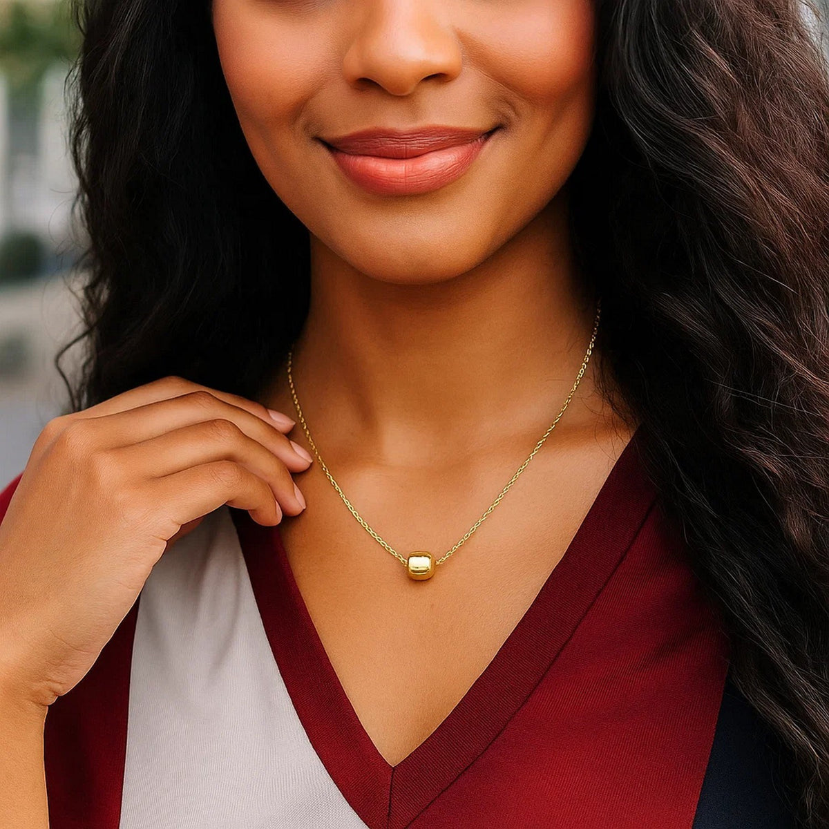 14k Yellow Gold Necklace with Shiny Barrel Bead Charm Alba Luxe