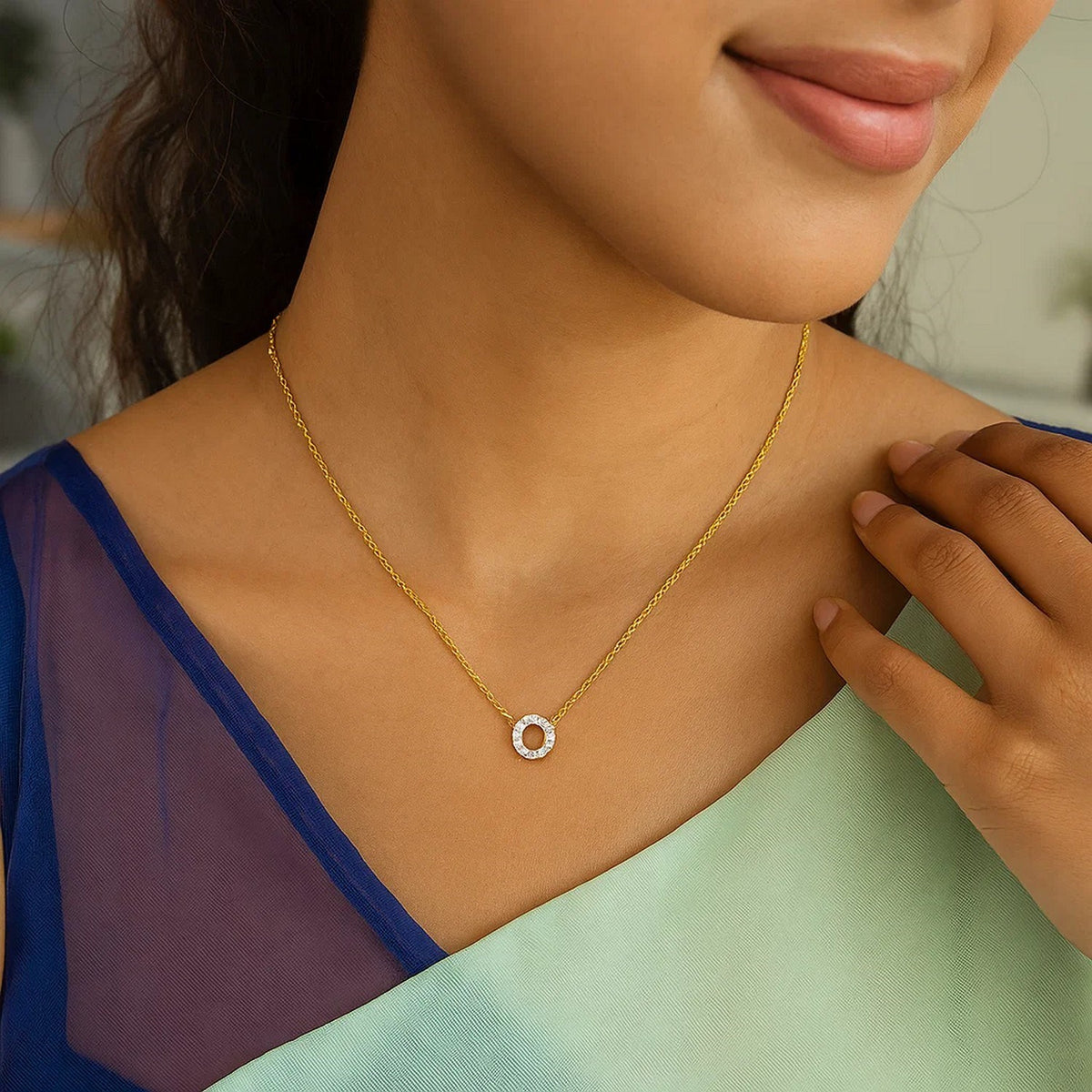 14K Yellow Gold Mini Diamond O Initial Pendant Necklace Alba Luxe