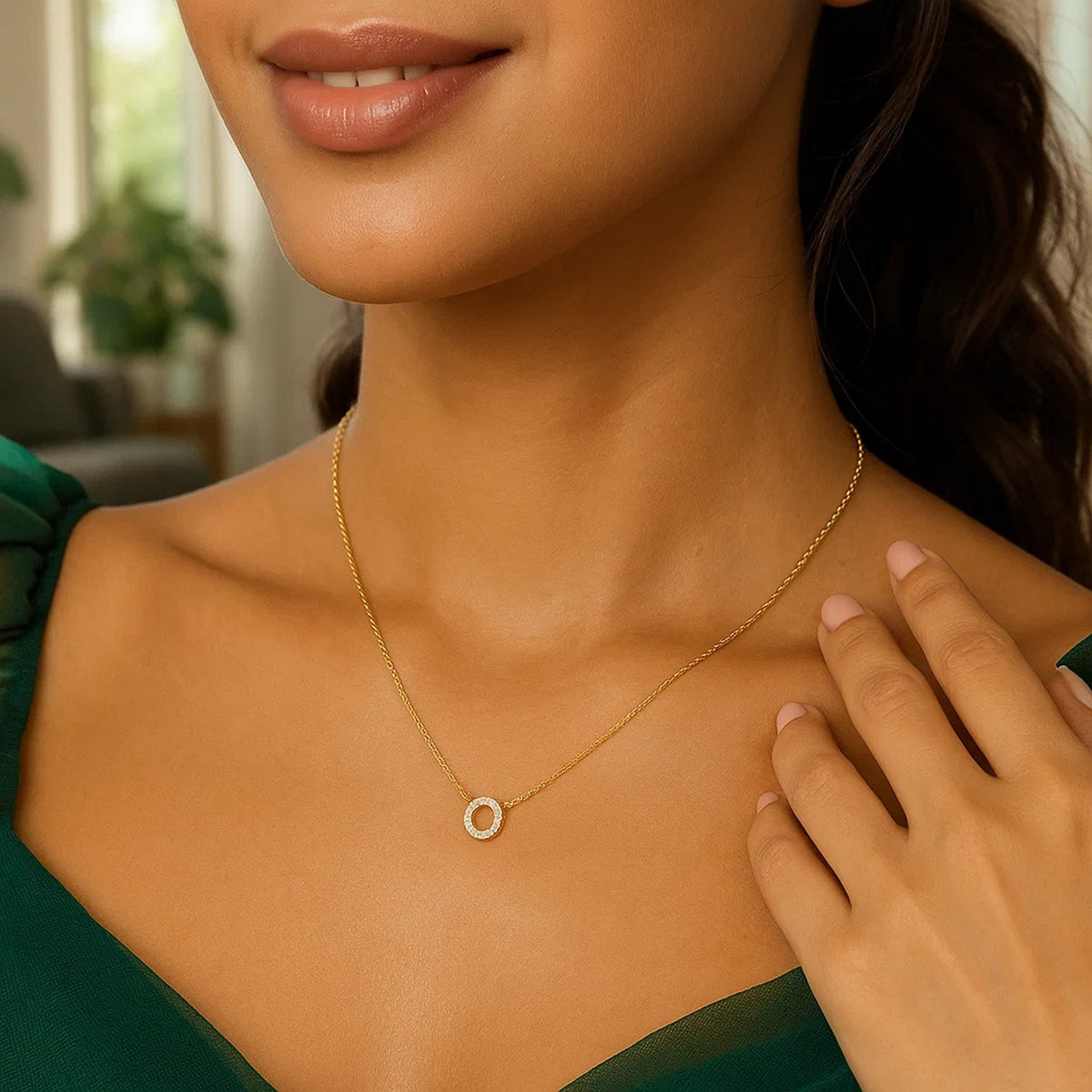 14K Yellow Gold Mini Diamond O Initial Pendant Necklace Alba Luxe