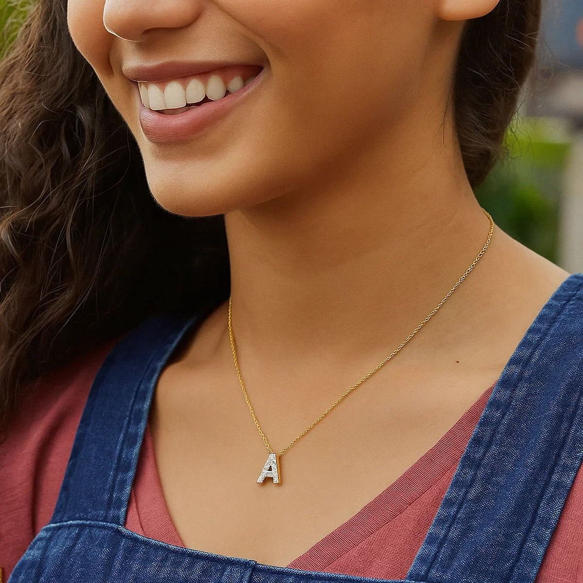 14K Yellow Gold Mini Diamond A Initial Pendant Necklace Alba Luxe