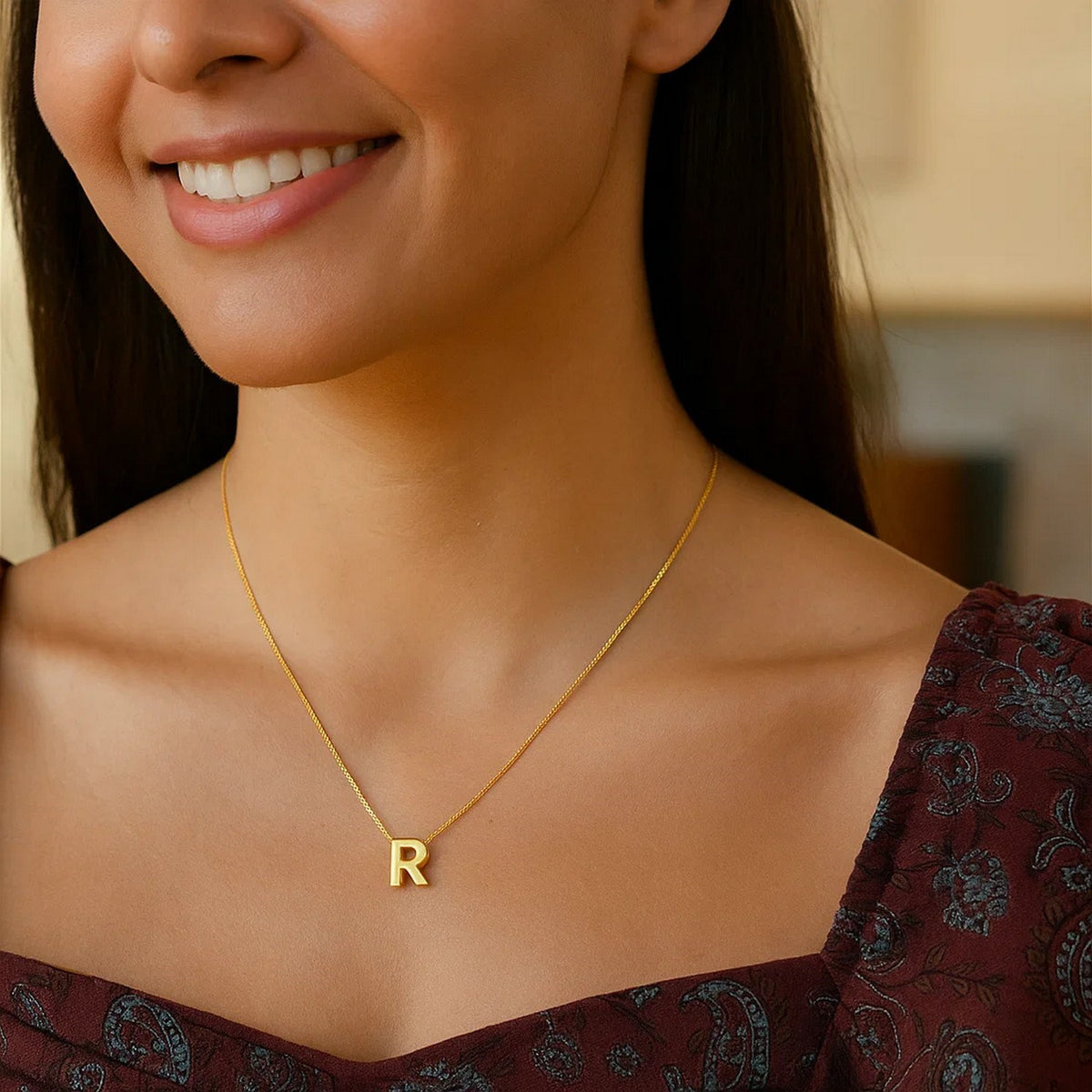 14K Yellow Gold Yours Truly Block Letter Initial R Necklace Alba Luxe