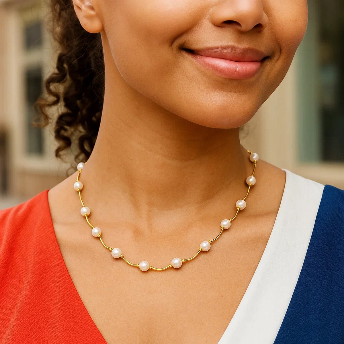 14k Yellow Gold Arc Link Necklace with White Pearls RCJ