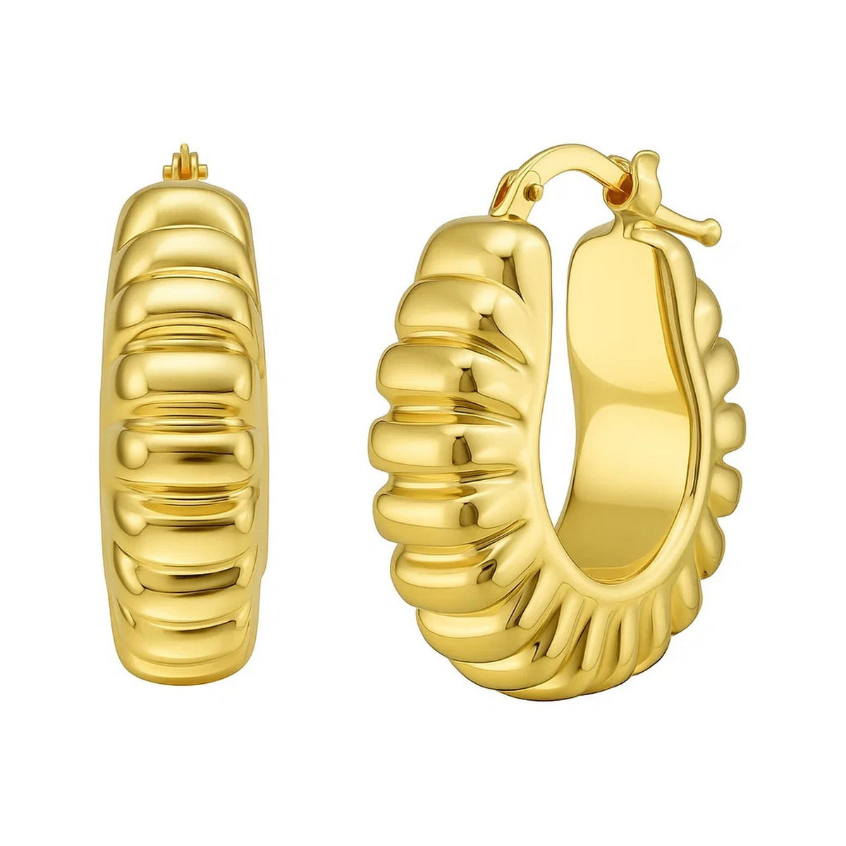 14K Yellow Gold Polished Puffed Ribbed Hoop Earrings RCJ