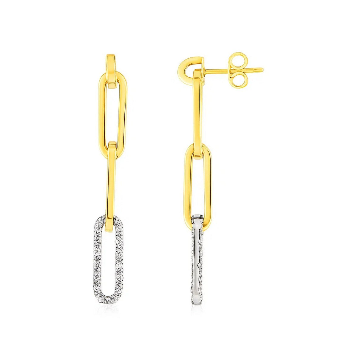 14k Yellow Gold Paperclip Chain Dangle Earrings with Diamonds RCJ
