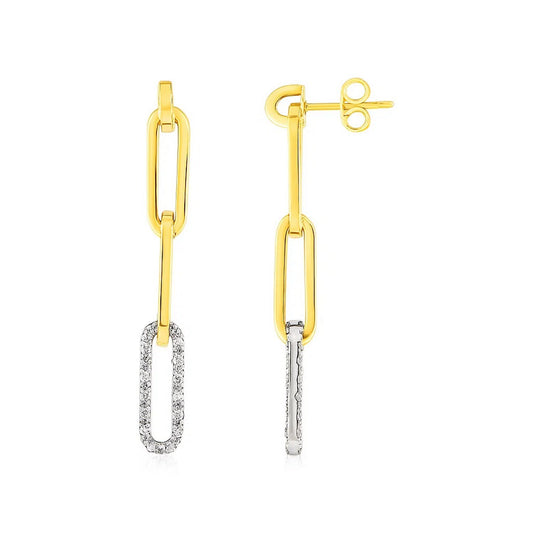 14k Yellow Gold Paperclip Chain Dangle Earrings with Diamonds RCJ