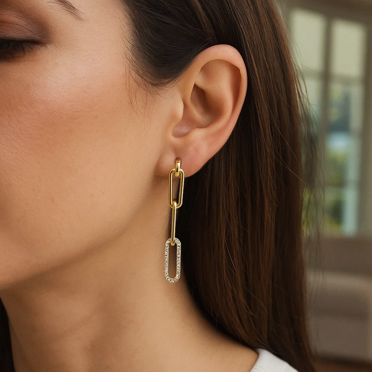 14k Yellow Gold Paperclip Chain Dangle Earrings with Diamonds RCJ