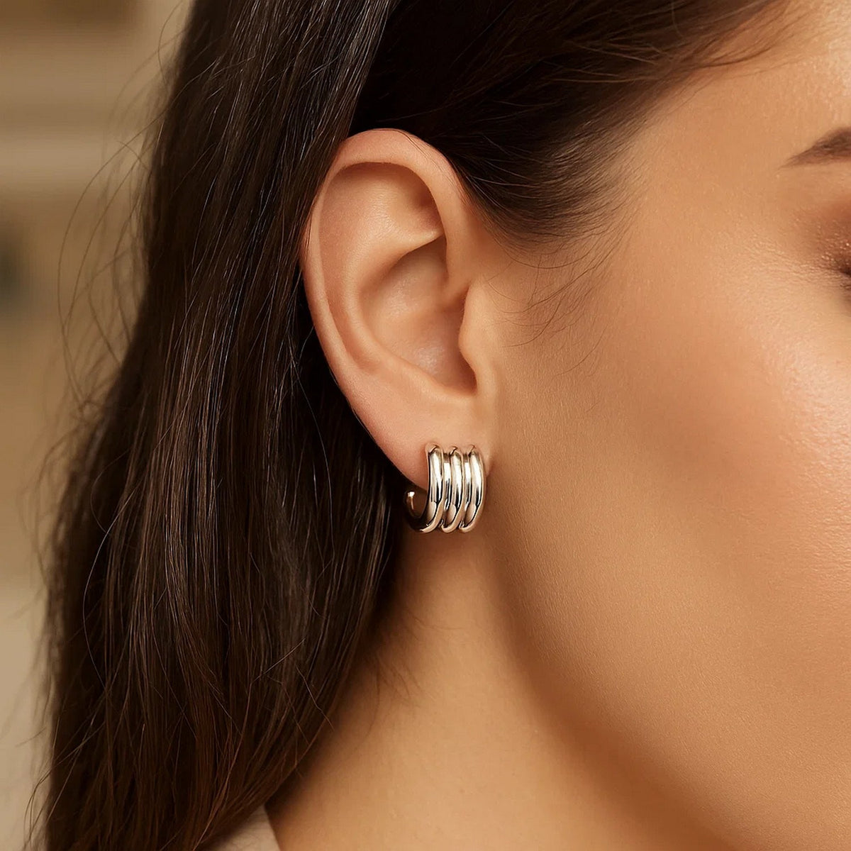 Sterling Silver Triple Row C Hoop Earrings RCJ