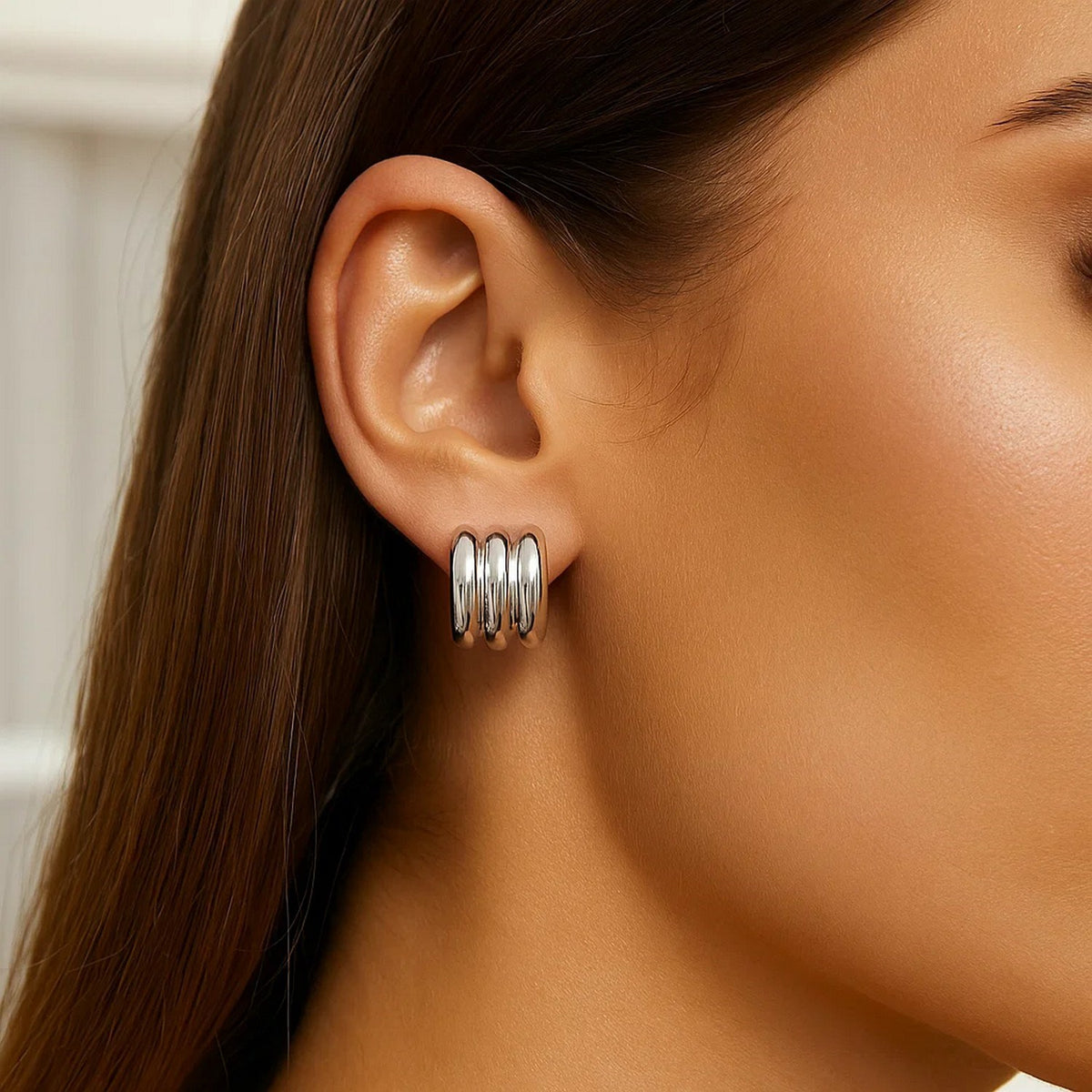 Sterling Silver Triple Row C Hoop Earrings RCJ