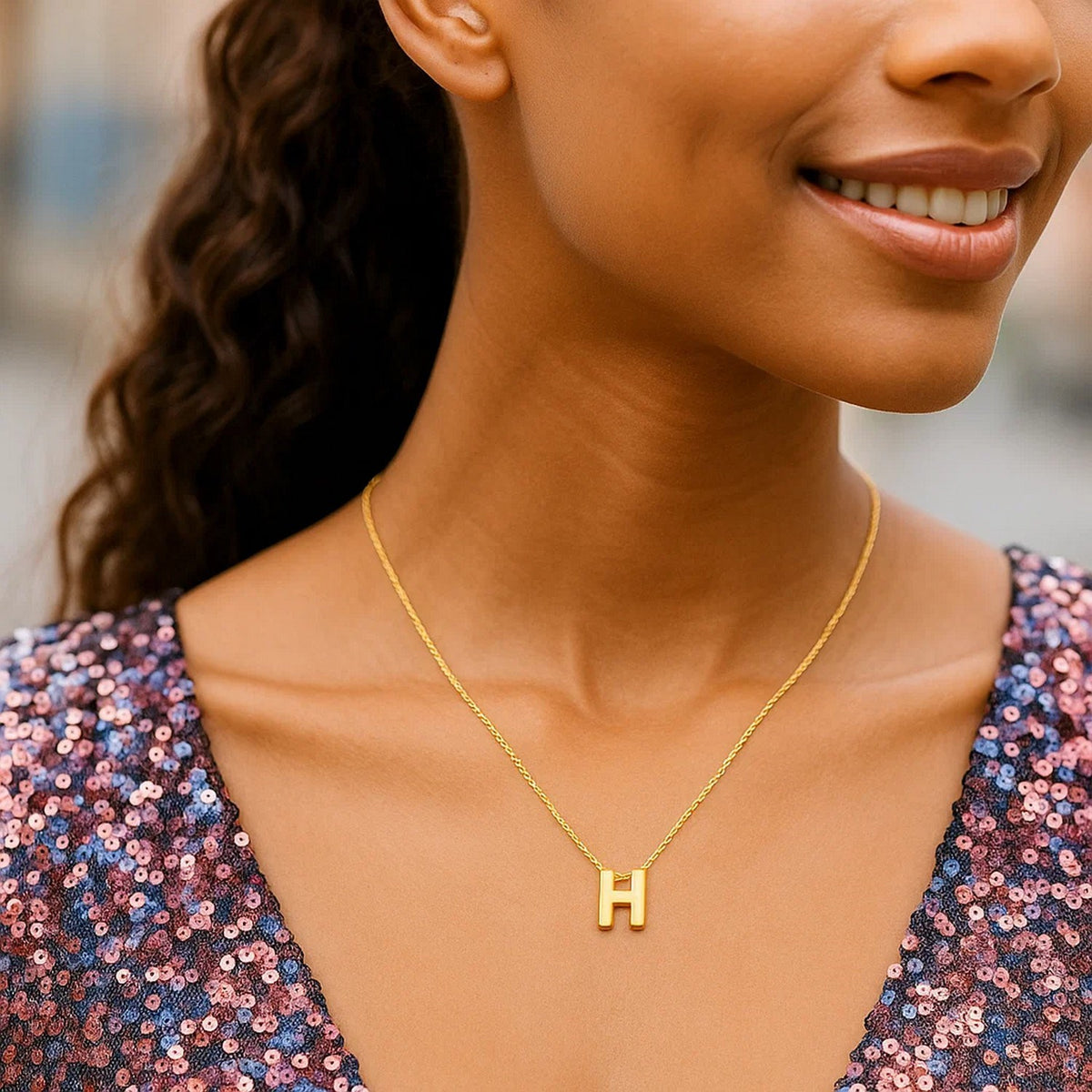14K Yellow Gold Yours Truly Block Letter Initial H Necklace Alba Luxe