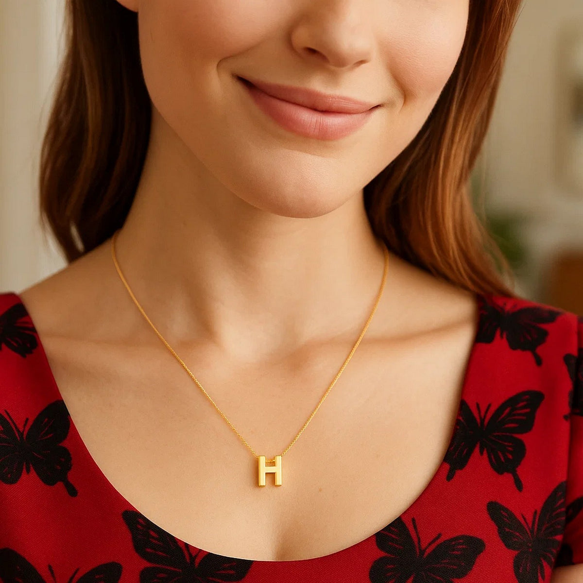 14K Yellow Gold Yours Truly Block Letter Initial H Necklace Alba Luxe