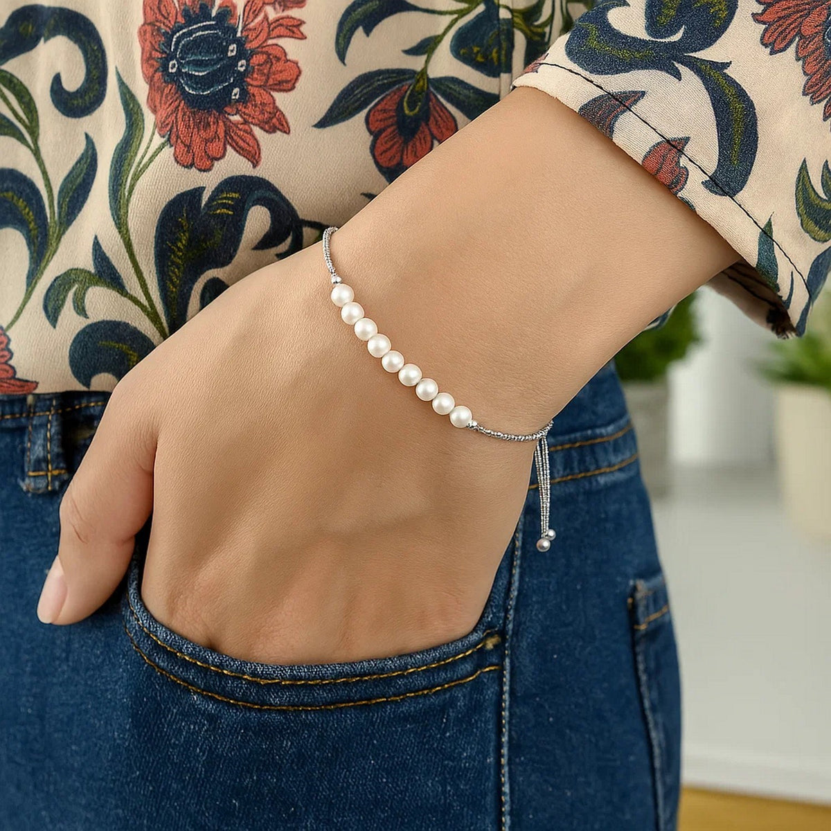 Sterling Silver Rhodium Plated Friendship Freshwater Pearl Drawstring Bracelet Alba Luxe