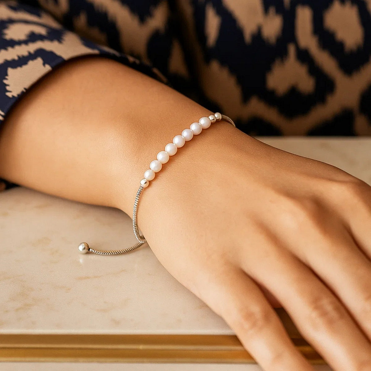 Sterling Silver Rhodium Plated Friendship Freshwater Pearl Drawstring Bracelet Alba Luxe