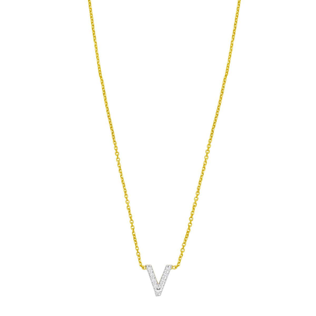 14K Yellow Gold Mini Diamond V Initial Pendant Necklace Alba Luxe
