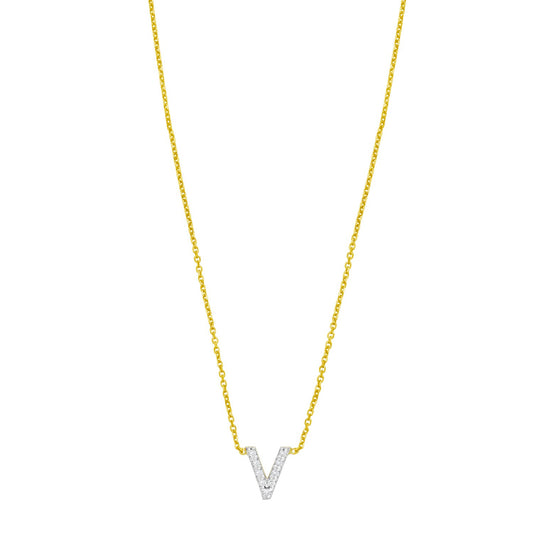 14K Yellow Gold Mini Diamond V Initial Pendant Necklace Alba Luxe