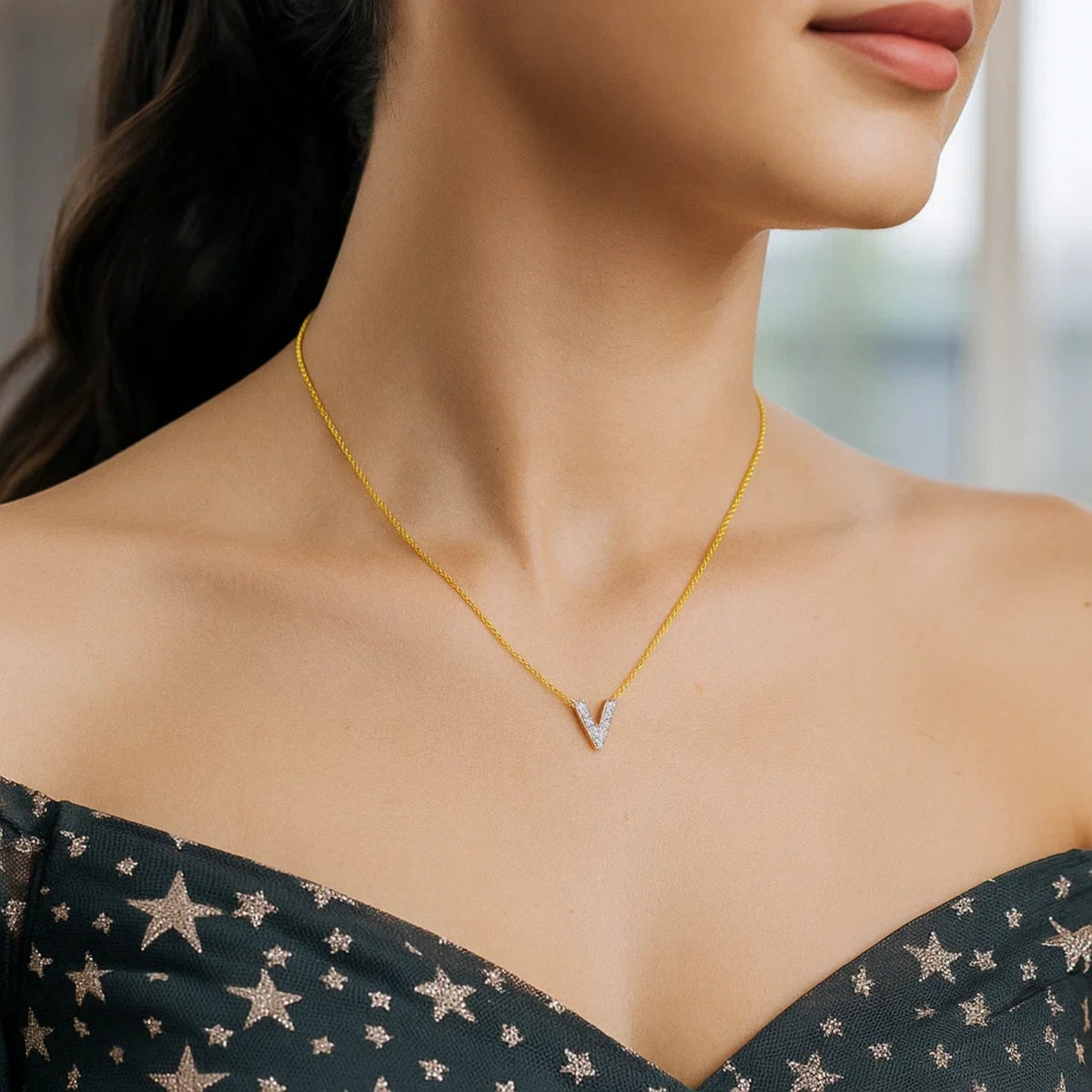 14K Yellow Gold Mini Diamond V Initial Pendant Necklace Alba Luxe