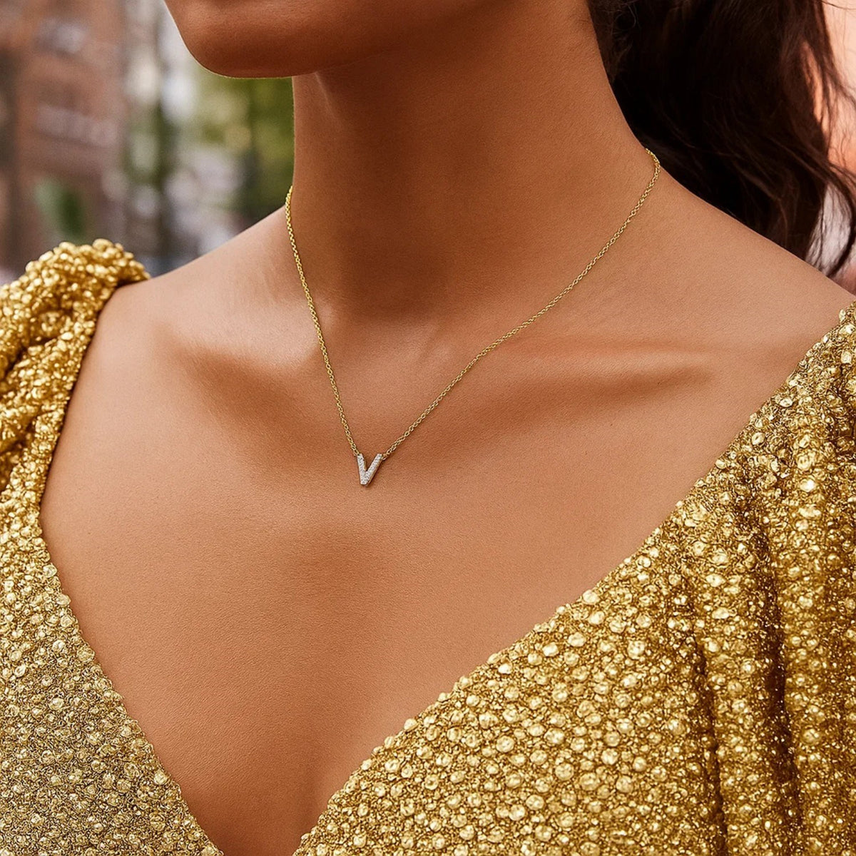 14K Yellow Gold Mini Diamond V Initial Pendant Necklace Alba Luxe