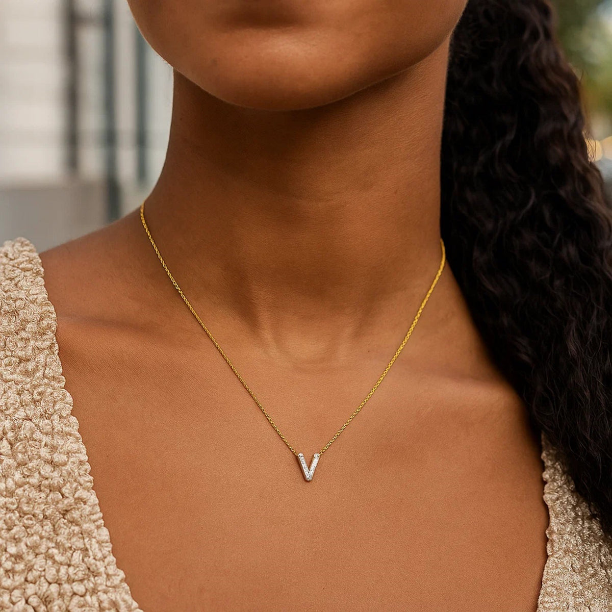 14K Yellow Gold Mini Diamond V Initial Pendant Necklace Alba Luxe