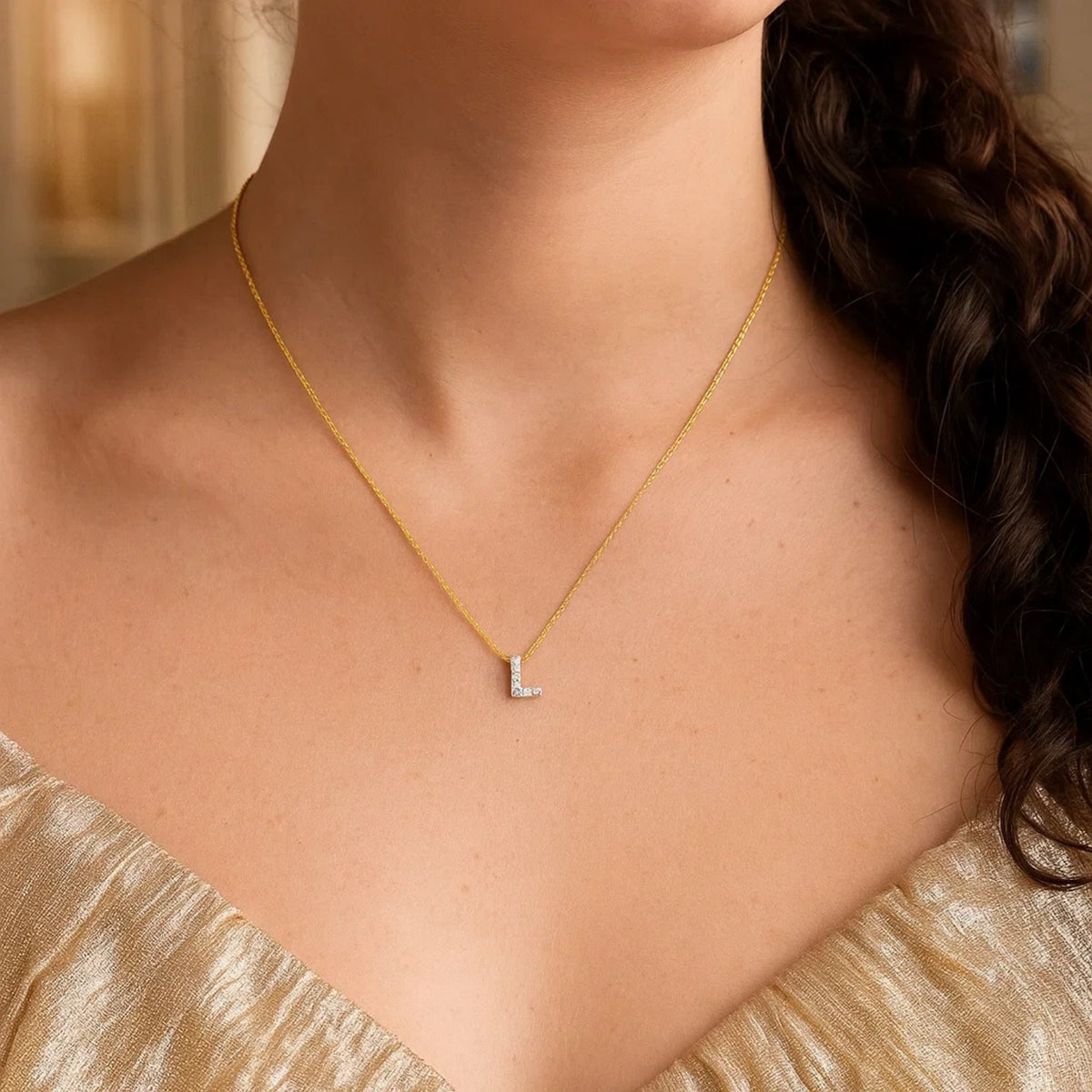14K Yellow Gold Mini Diamond L Initial Pendant Necklace Alba Luxe