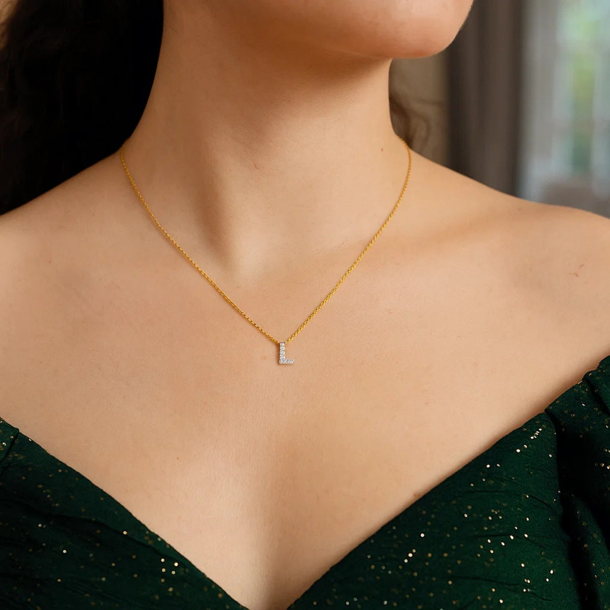14K Yellow Gold Mini Diamond L Initial Pendant Necklace Alba Luxe
