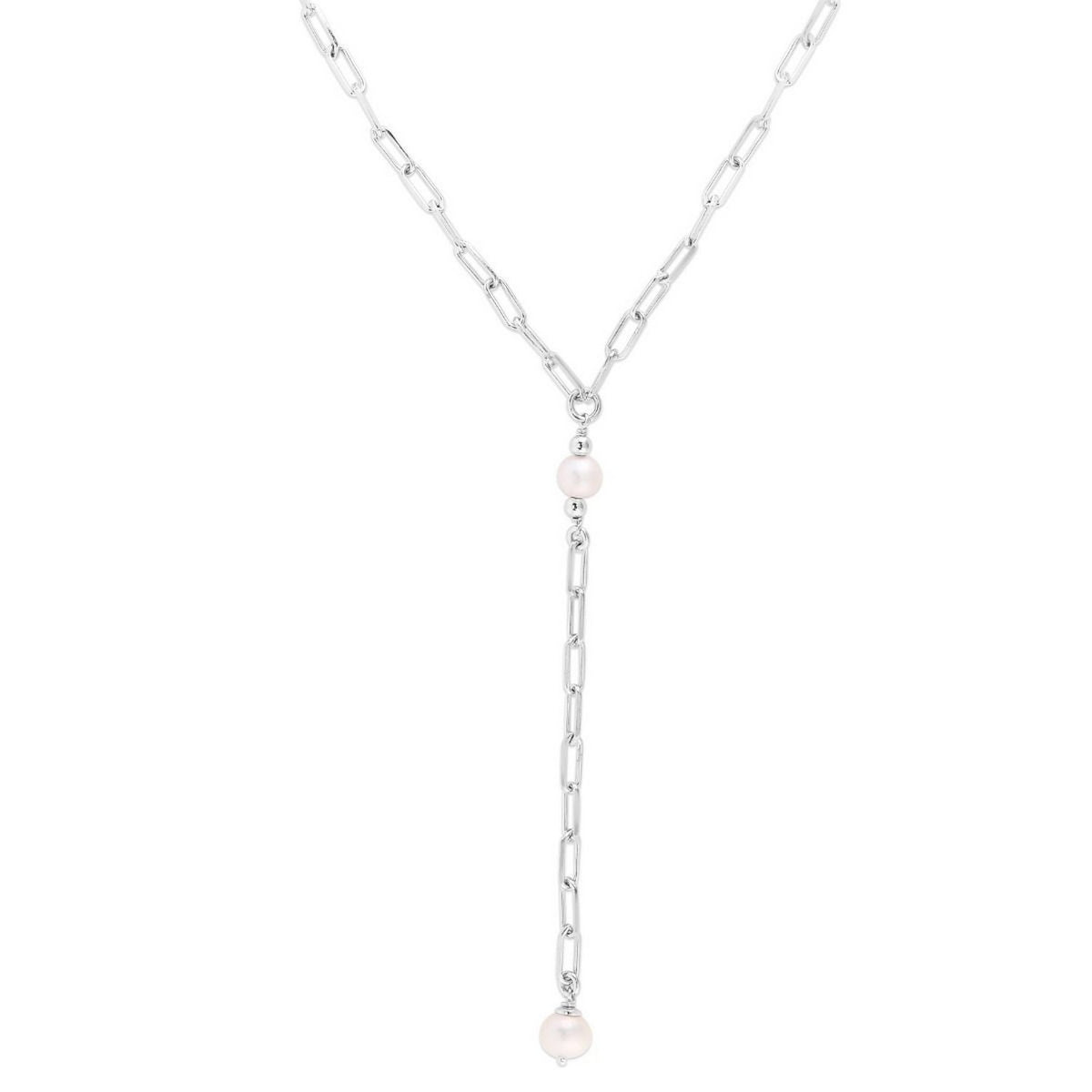 Sterling Silver Rhodium Plated Freshwater Pearl Paperclip Lariat Necklace RCJ