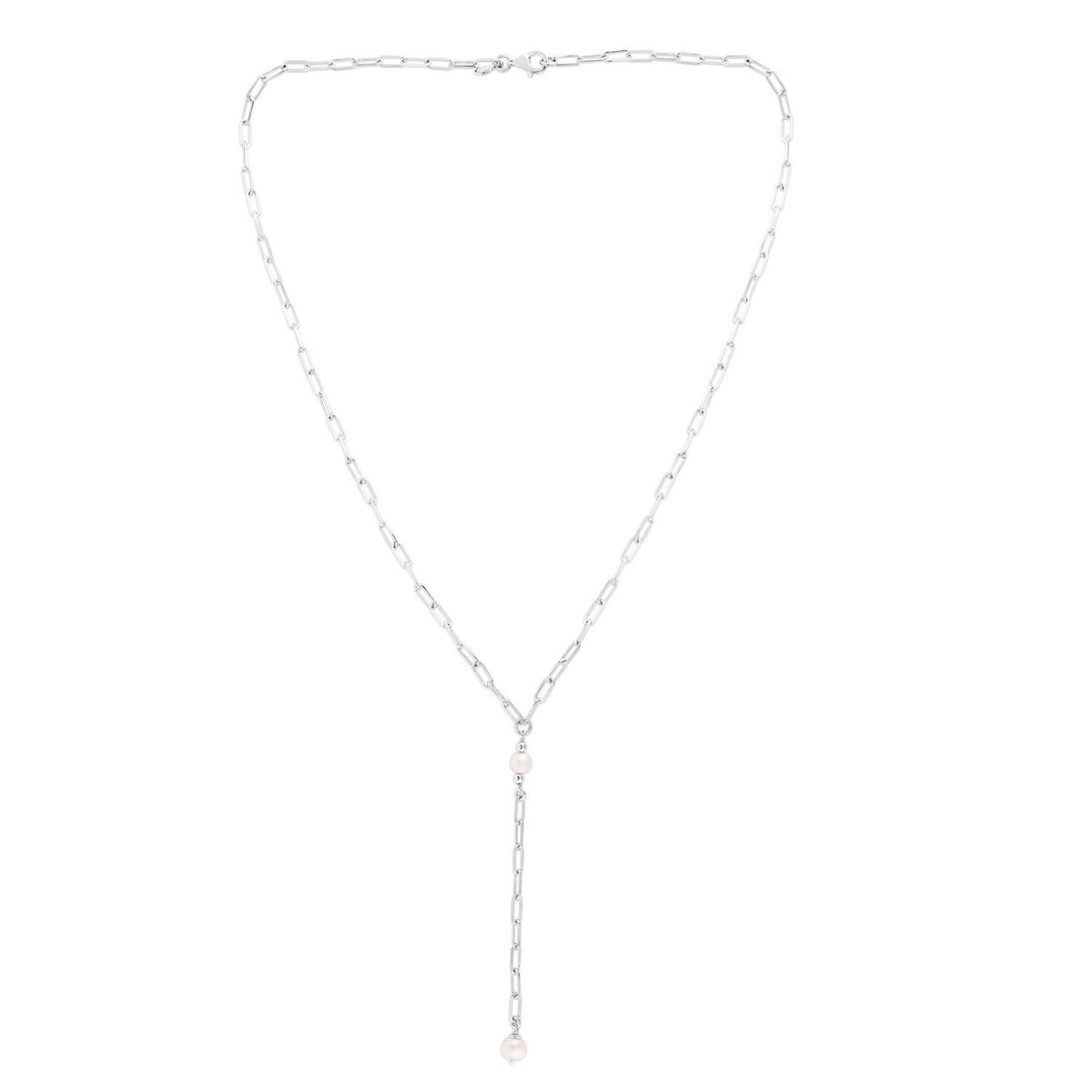 Sterling Silver Rhodium Plated Freshwater Pearl Paperclip Lariat Necklace RCJ