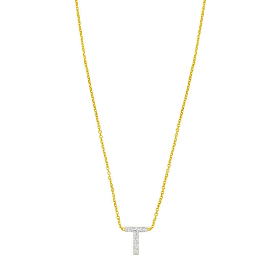 14K Yellow Gold Mini Diamond T Initial Pendant Necklace Alba Luxe