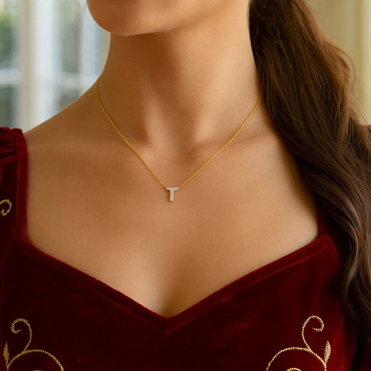 14K Yellow Gold Mini Diamond T Initial Pendant Necklace Alba Luxe