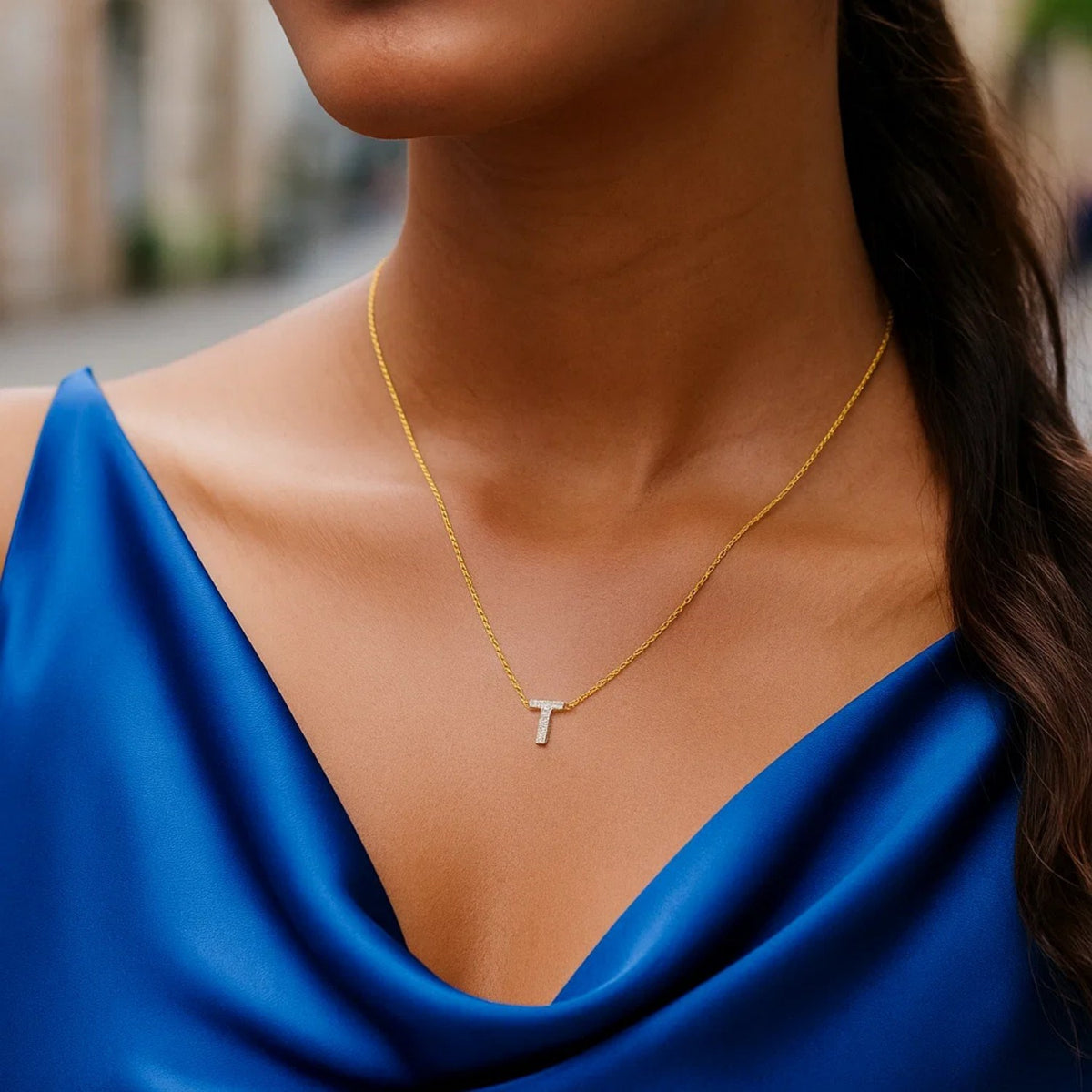 14K Yellow Gold Mini Diamond T Initial Pendant Necklace Alba Luxe