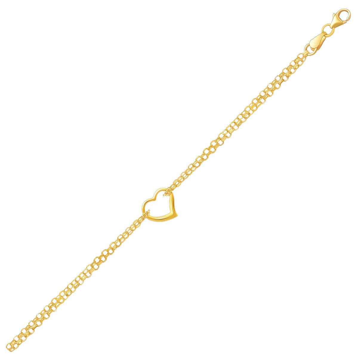10k Yellow Gold Double Rolo Chain Anklet with an Open Heart Station RCJ