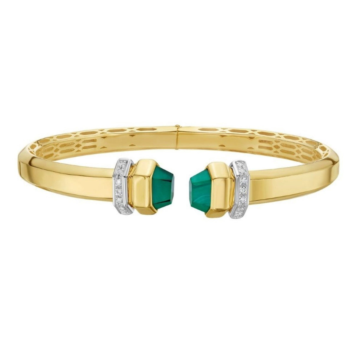 14K Yellow Gold Green Pyramid Art Deco Cuff Bangle (10.70 mm) Alba Luxe