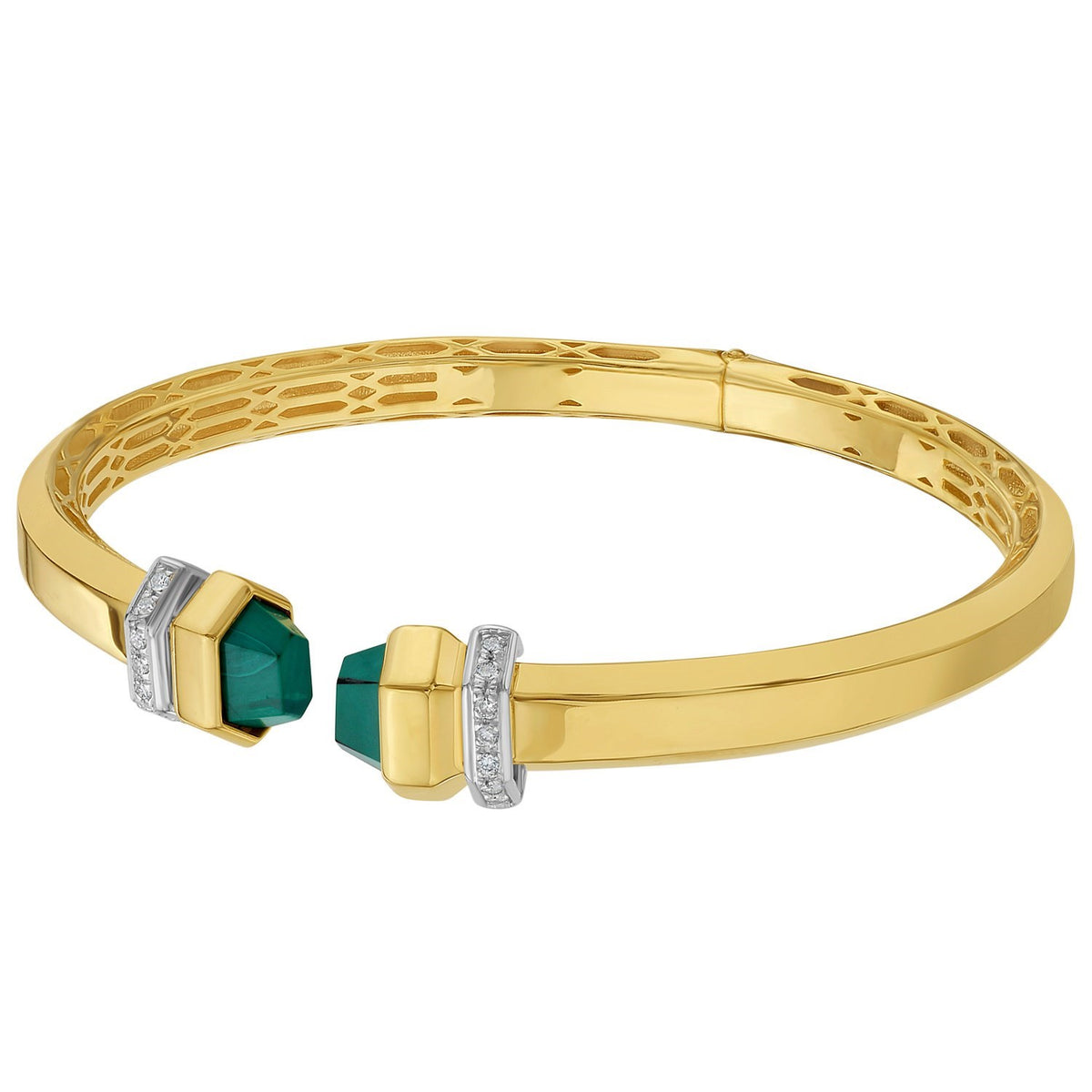 14K Yellow Gold Green Pyramid Art Deco Cuff Bangle (10.70 mm) Alba Luxe