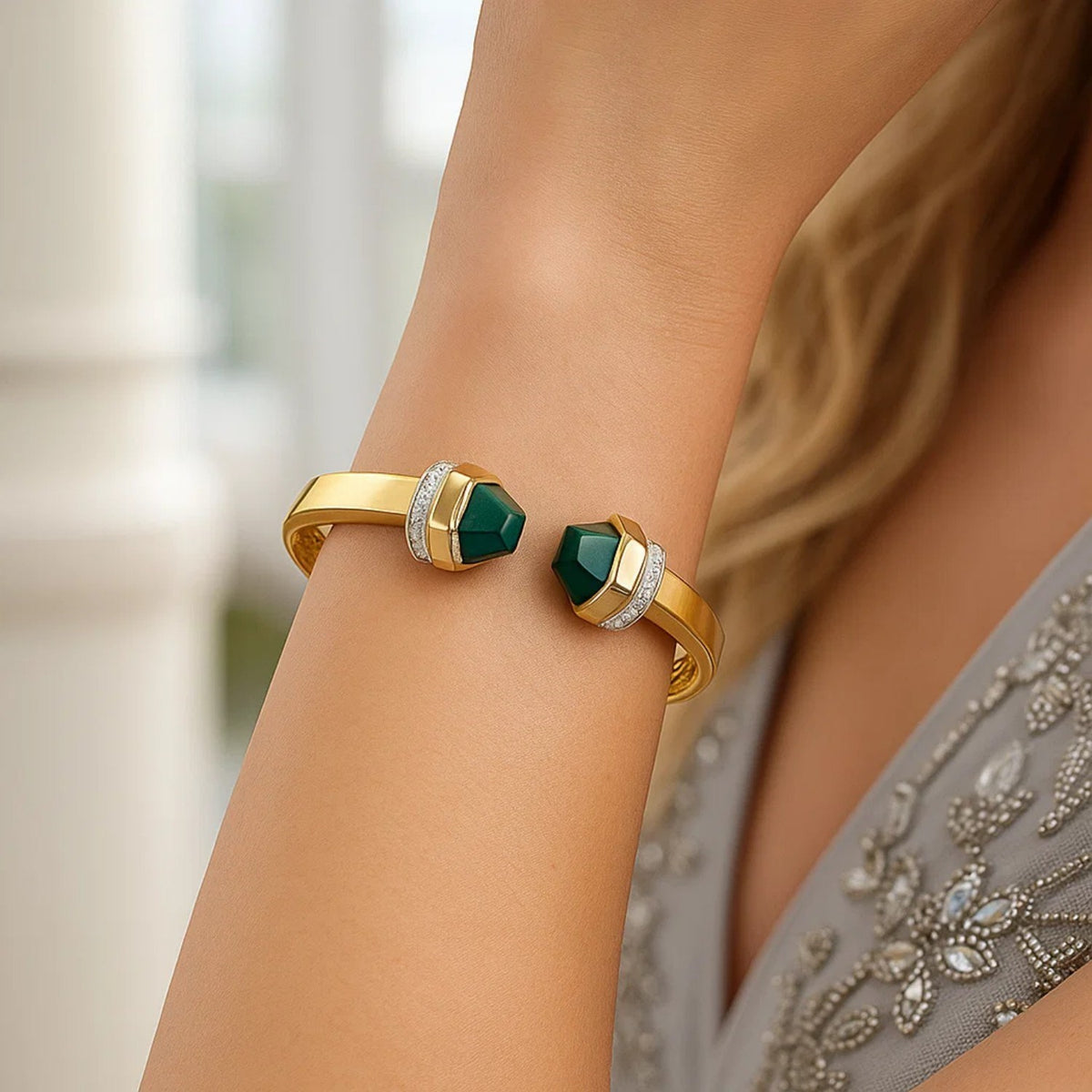 14K Yellow Gold Green Pyramid Art Deco Cuff Bangle (10.70 mm) Alba Luxe