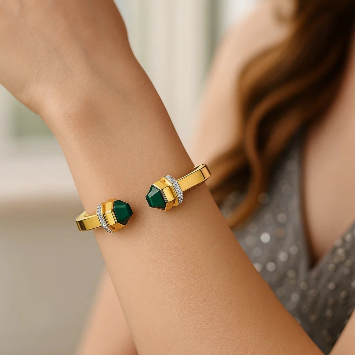 14K Yellow Gold Green Pyramid Art Deco Cuff Bangle (10.70 mm) Alba Luxe