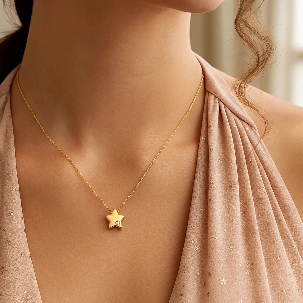 14k Yellow Gold Polished Star Necklace with Diamond Alba Luxe